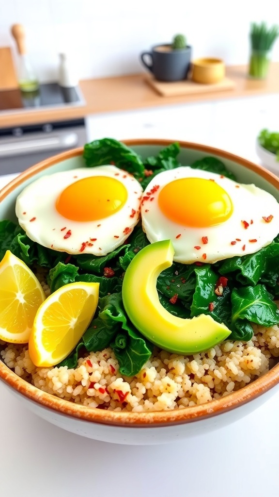 A healthy breakfast bowl with kale, eggs, avocado, and quinoa, garnished with red pepper flakes and lemon.